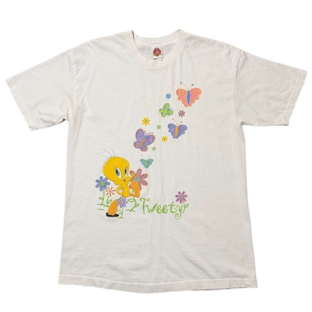 Vintage 90s Looney Tunes Tweety Bird Cute Art Glitter Butterfly Graphic T-shirt